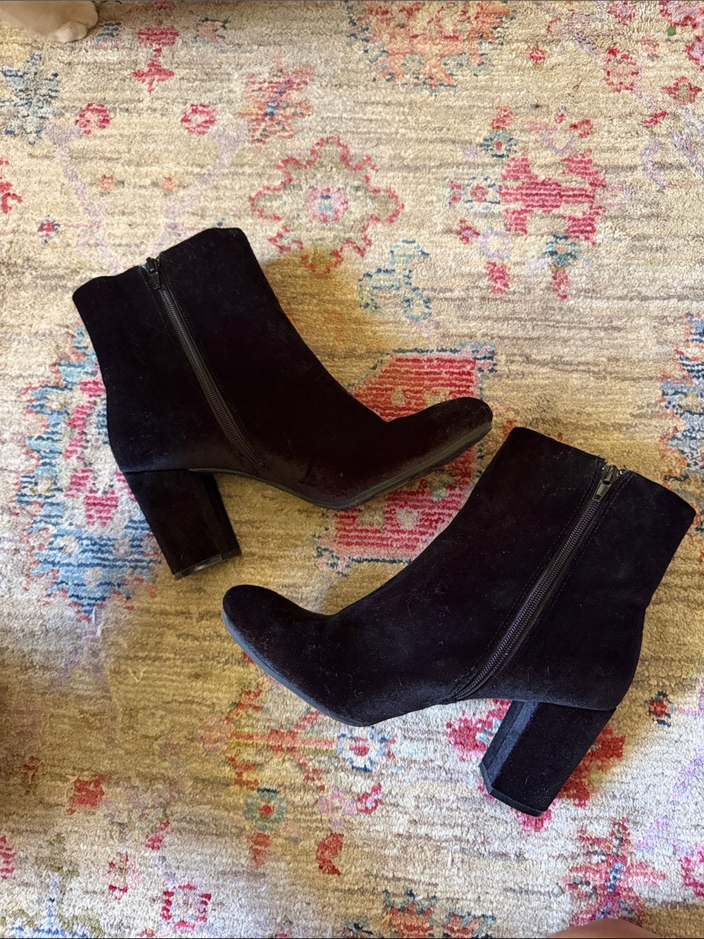 Women's Black Suede Velvet Block Heel Ankle Boots